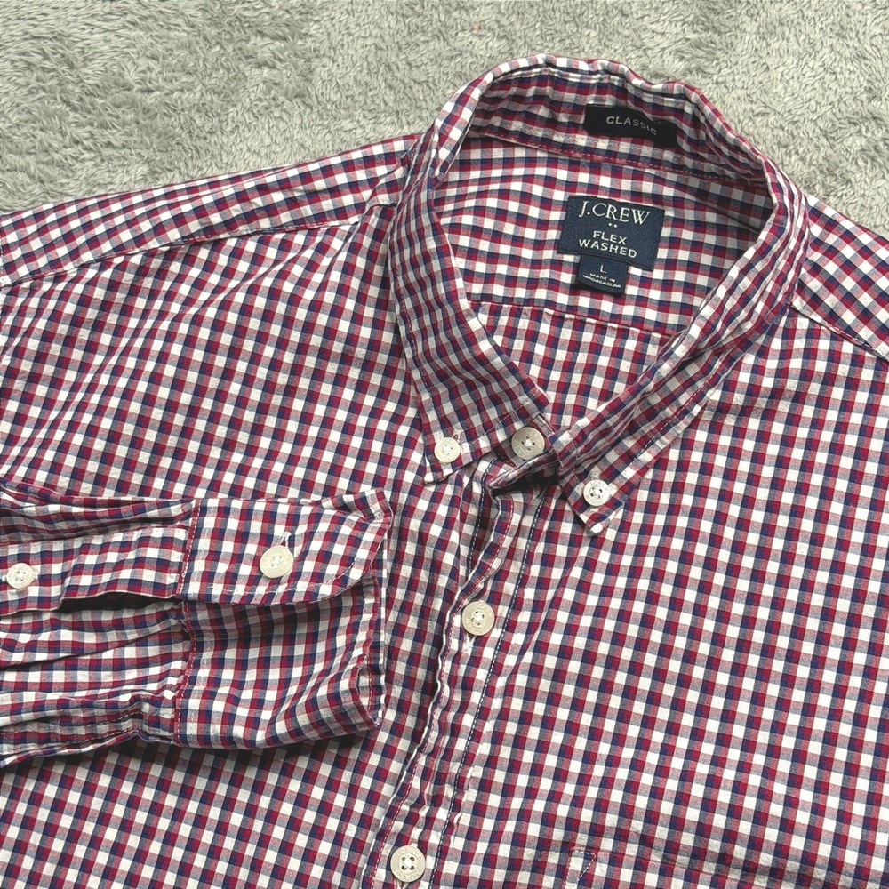J.Crew Flex Washed Shirt Mens Large Classic Fit Gingham Red Navy Blue Check